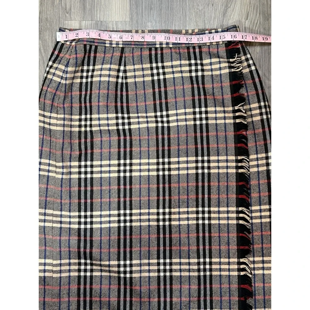 Vintage Evan Picone Wrap Skirt Size 16 Plaid Wool Blend Fringe Edge Tartan Brown